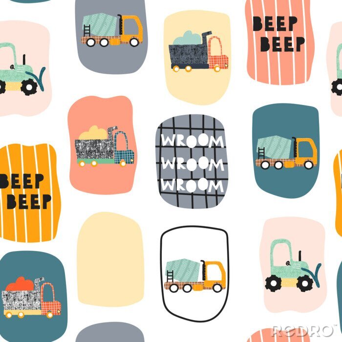 Poster Seamless pattern with funny transport. Trendy kids print. Vector hand drawn illustration.