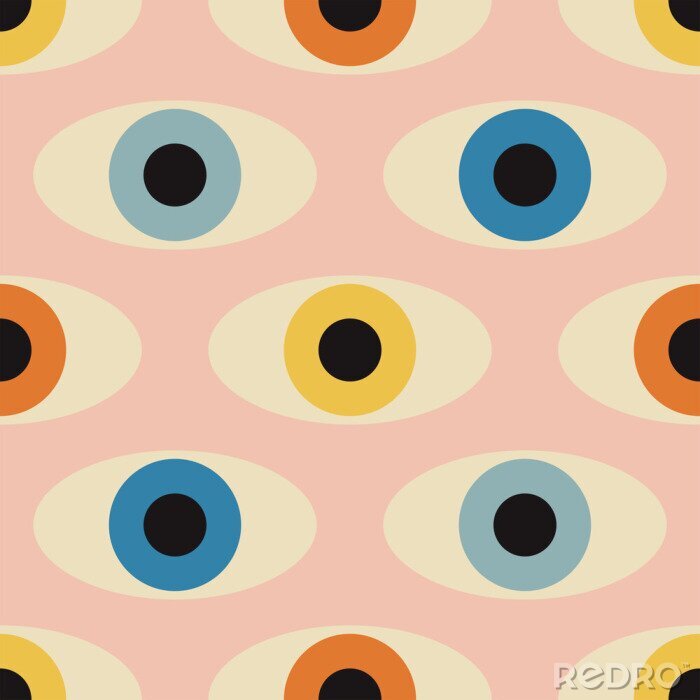 Poster Seamless pattern with minimal 20s geometric design with eyes, vector template with primitive shapes elements