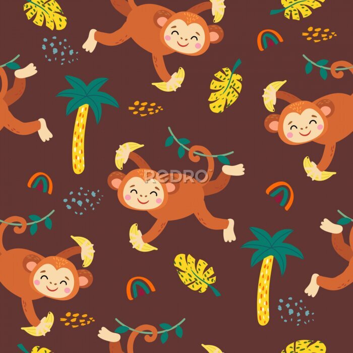 Poster seamless pattern with monkey and plants in a childish cartoon style. vector illustration. for children's textiles and decoration