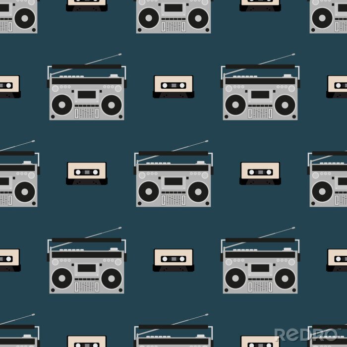 Poster Seamless pattern with old boomboxes and tape cassettes. Vintage music print. Retro vector illustration.
