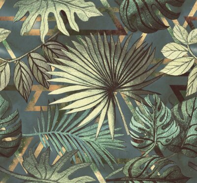 Seamless pattern with tropical leaves and  geometric shapes. Tropical  background.
