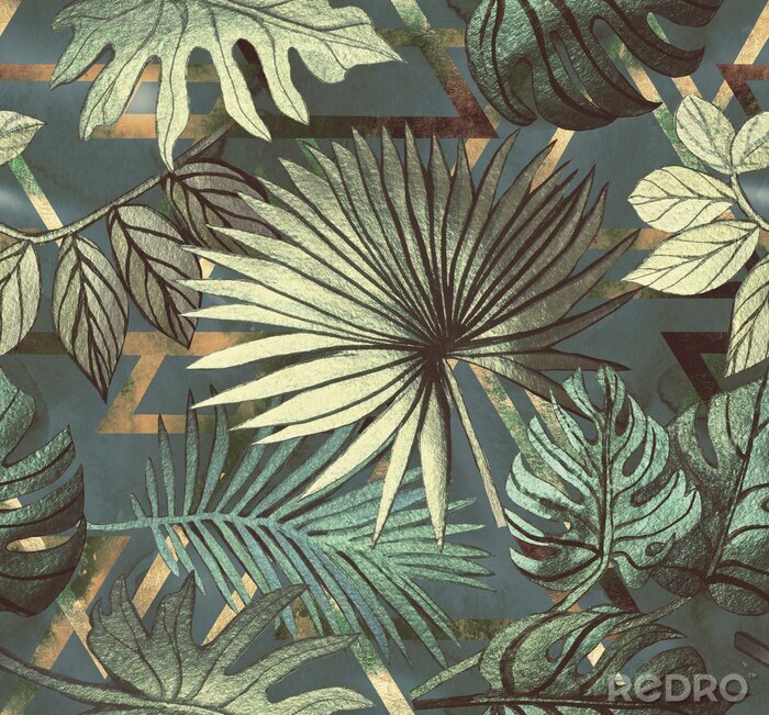 Poster Seamless pattern with tropical leaves and  geometric shapes. Tropical  background.