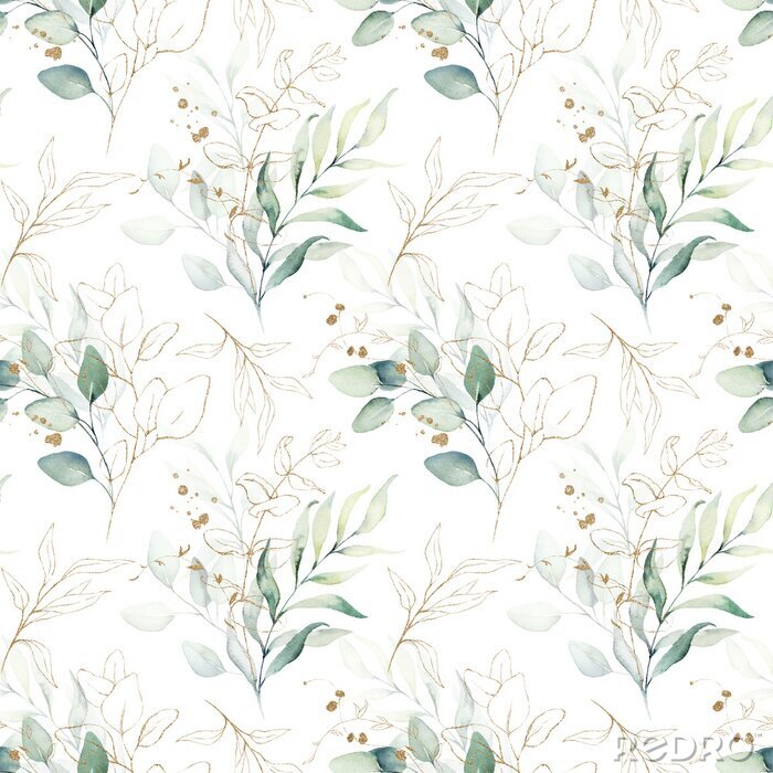 Poster Seamless watercolor floral pattern - green & gold leaves, branches composition on white background, perfect for wrappers, wallpapers, postcards, greeting cards, wedding invitations, romantic events.