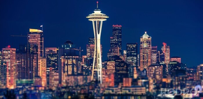 Poster Seattle en skyline 's nachts