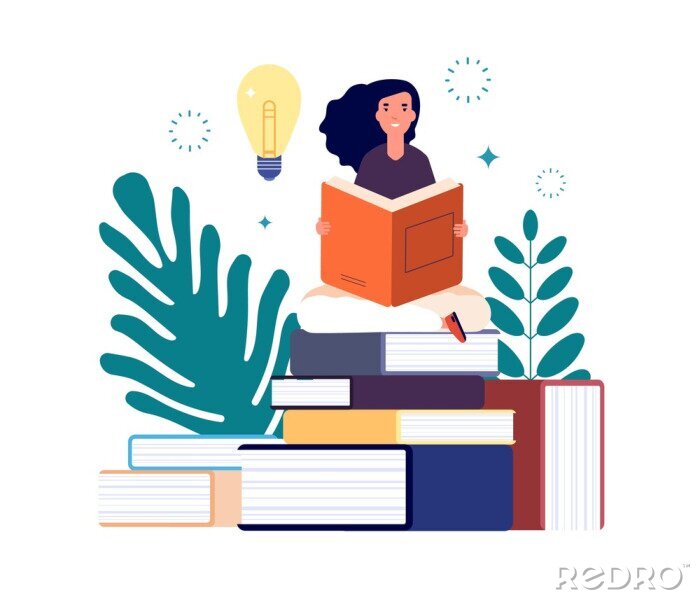 Poster Self education. Girl reading book, study and gain new knowledge. Woman learns from textbooks. Business studying, have new idea vector concept. Education student read book new knowledge illustration