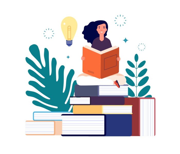 Poster Self education. Girl reading book, study and gain new knowledge. Woman learns from textbooks. Business studying, have new idea vector concept. Education student read book new knowledge illustration