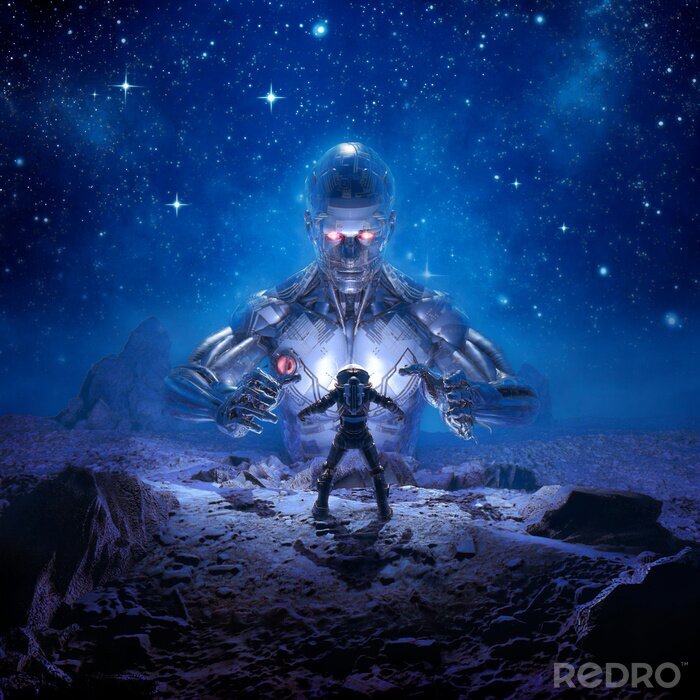 Poster Sentinel of Titan / 3D illustration of retro science fiction scene showing astronaut encountering giant alien robot on desert planet
