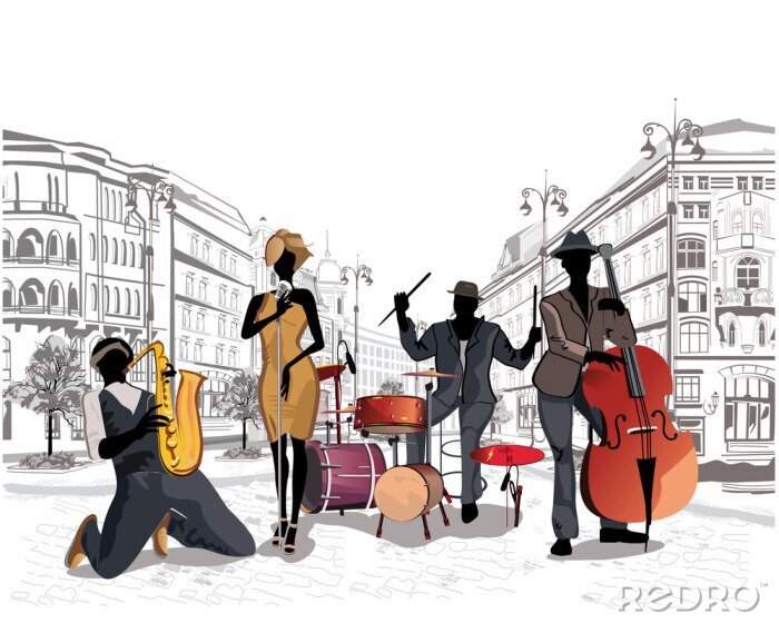 Poster Serie van de straten met muzikanten in de oude stad.