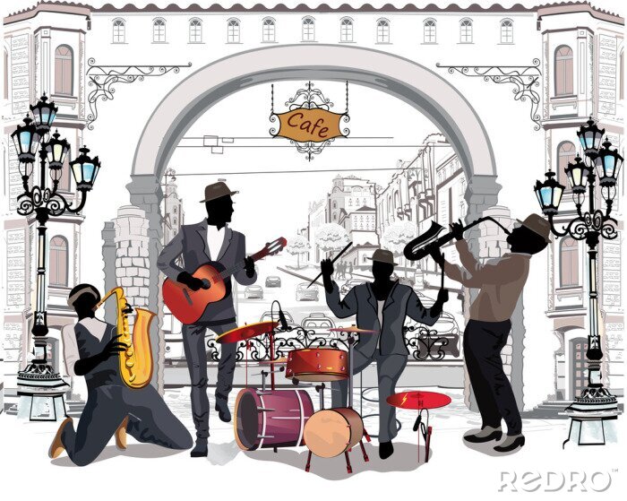 Poster Serie van de straten met muzikanten in de oude stad.