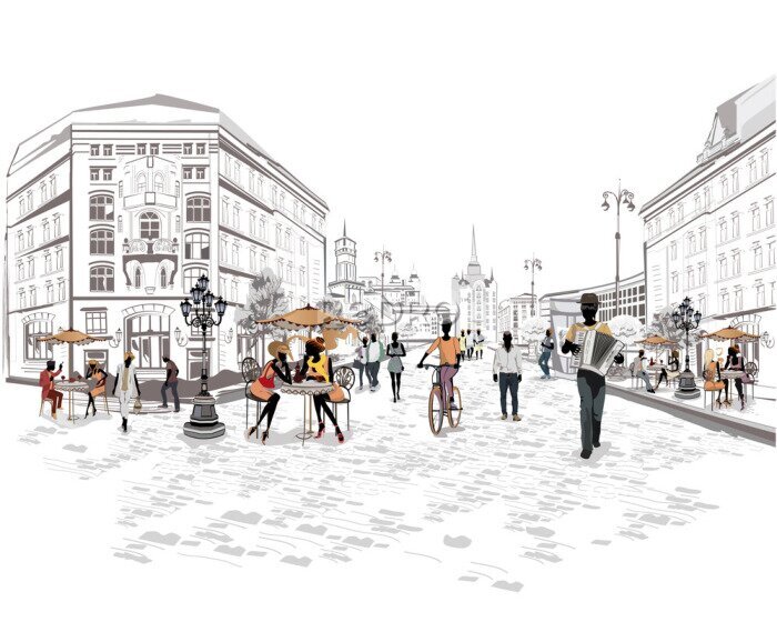 Poster Serie van uitzicht op de straat met mensen in de oude stad