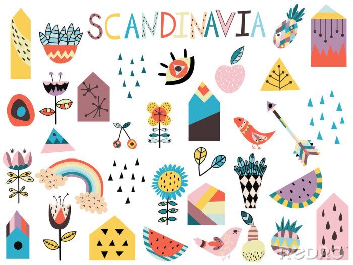 Poster Set of cute scandinavian style elements. Hand drawn vector illustration.
