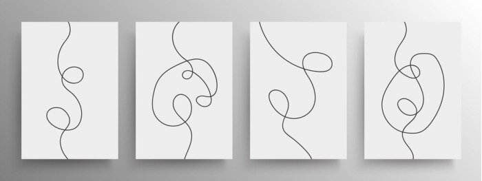 Poster Set of minimalist black continuous line artistic design for cover and poster or wall decoration, vector. Flow lines abstract art.