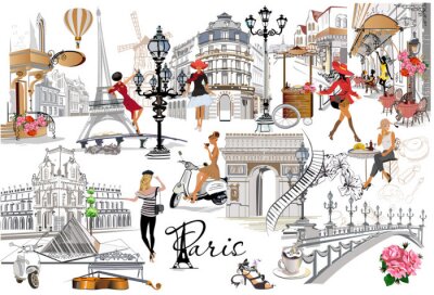 Set of Paris illustrations with fashion girls, cafes and musicians. Vector illustration.