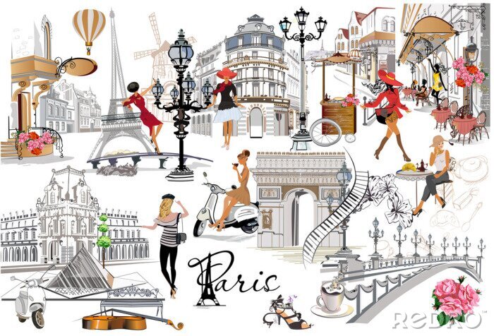 Poster Set of Paris illustrations with fashion girls, cafes and musicians. Vector illustration.