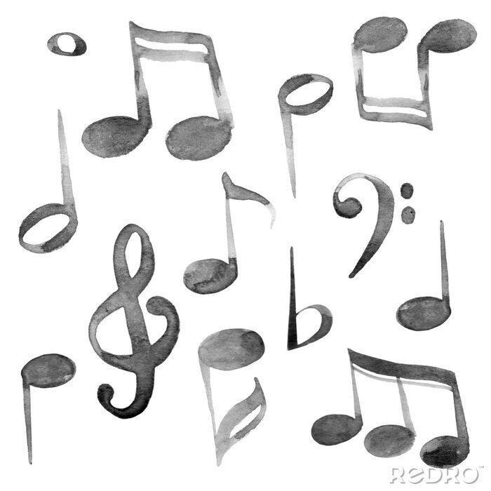 Poster Set of watercolor music notes and keys set in black ink 