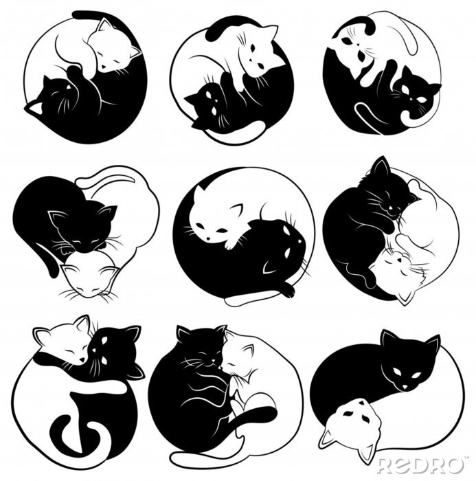 Poster Set of  yin yang cats. Collection of simple and cute black and white cats in the shape of yin yang. Vector illustration for the children. Tattoo.