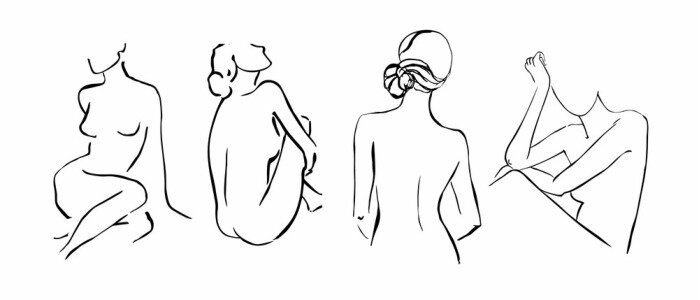 Poster  Set simple hand drawn trendy line silhouettes ladies isolated on white background. Modern minimalism art, aesthetic contour. Abstract women's silhouette, minimalist style. 