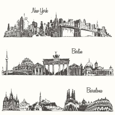 Set steden New York Berlin Barcelona vector schets