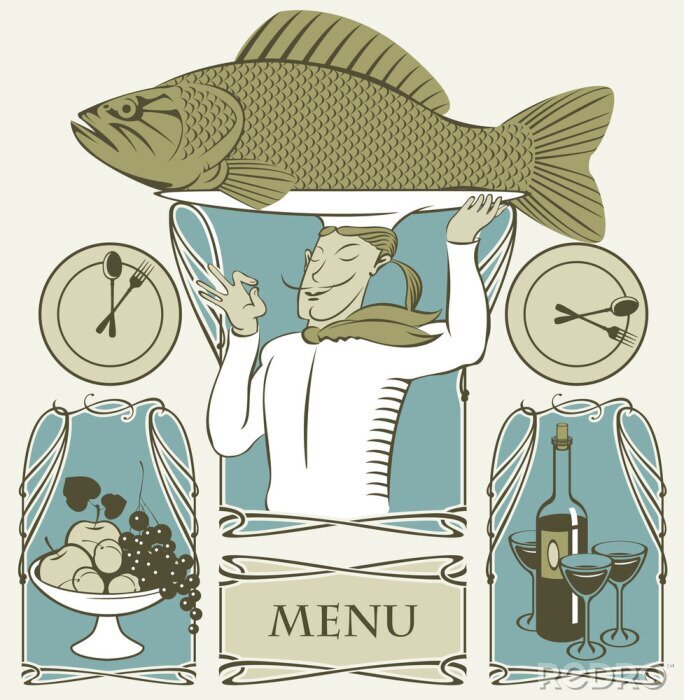 Poster set van kok vis op het hoofd en twee gerechten