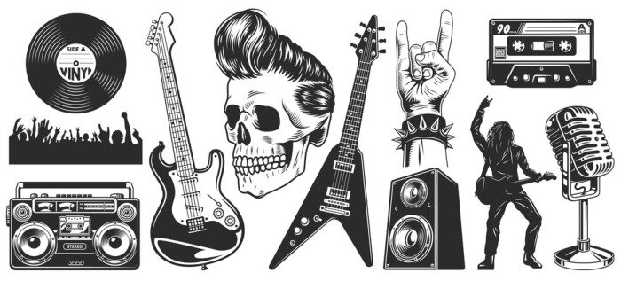 Poster Set van rock and roll muziek emblemen