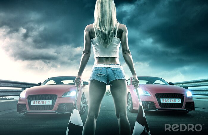 Poster Sexy blonde vrouw begint racing