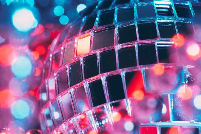 Poster Shiny disco party background with mirror balls reflecting light