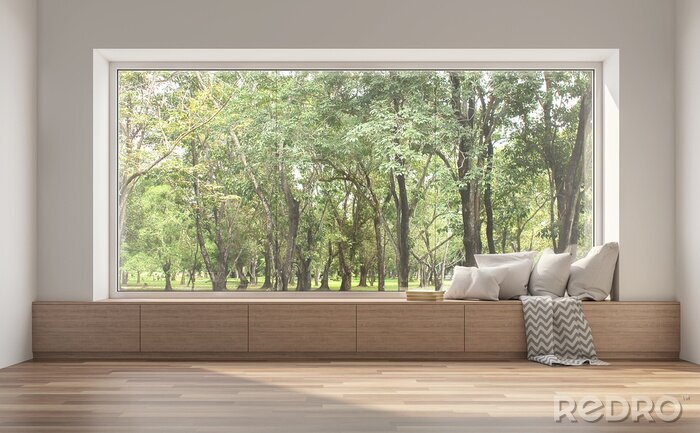 Poster Side window seat 3d render.There are white room,wood seat,decorate with many pillow.There are big  windows look out to see nature view.