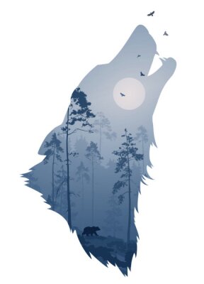 silhouet van het hoofd van de huilende wolf. Binnen is het een nachtelijk bos met een beer en vogels. Vectorillustratie, witte achtergrond, geïsoleerd voorwerp