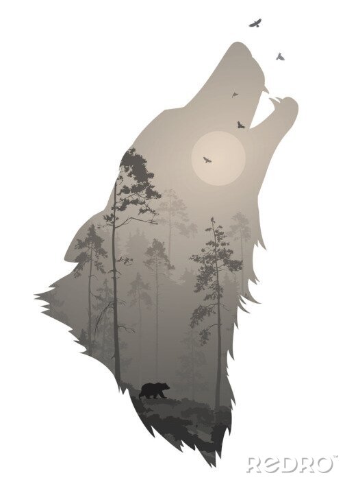 Poster silhouet van het hoofd van de huilende wolf. Binnen is het een nachtelijk bos met een beer en vogels. Vectorillustratie, witte achtergrond, geïsoleerd voorwerp