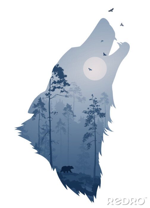 Poster silhouet van het hoofd van de huilende wolf. Binnen is het een nachtelijk bos met een beer en vogels. Vectorillustratie, witte achtergrond, geïsoleerd voorwerp