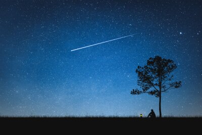 Poster Silhouet van mensenzitting op berg en nachthemel met vallende ster. Alleen concept.