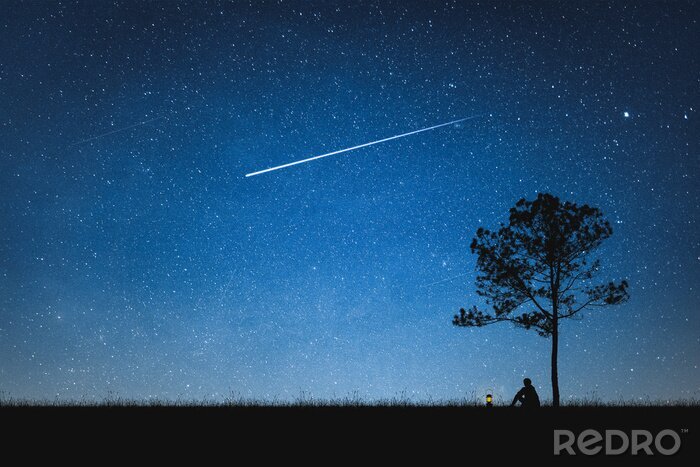 Poster Silhouet van mensenzitting op berg en nachthemel met vallende ster. Alleen concept.