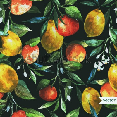 Poster sinaasappel, citroen, waterverf, achtergrond, donker, patroon