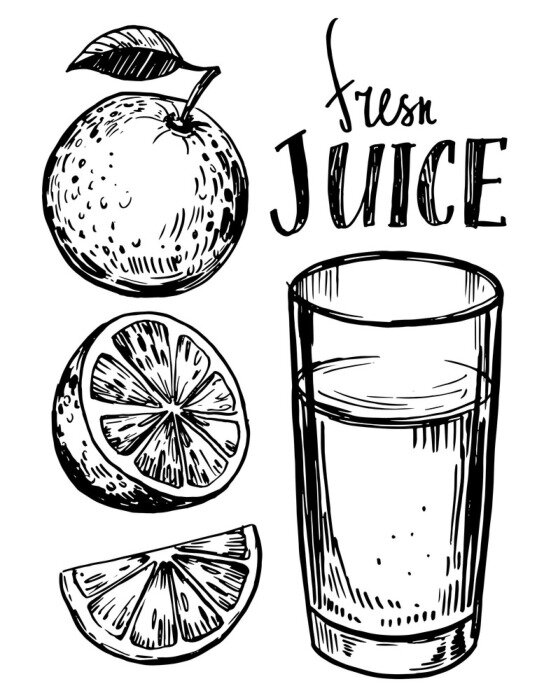 Poster Sinaasappelsap. Hand getrokken schets omgezet in vector