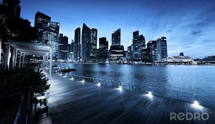 Poster Singapore stad in zonsondergang tijd