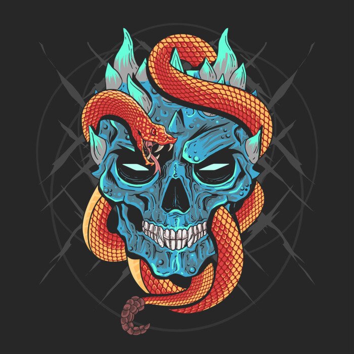 Poster SKULL HEAD PUNK AND SNAKE ARTWORK DETAIL VECTOR WITH EDITABLE LAYERS GOOD FOR TSHIRT DESIGN AND ELEMENT HOROR AND 