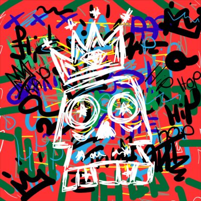 Poster Skull with crown on hip hop background hand drawn. Doodle, sketch, scribble. Urban vector illustration.