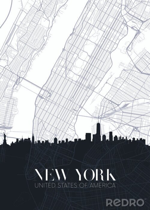 Poster Skyline and city map of New York, detailed urban plan vector print poster