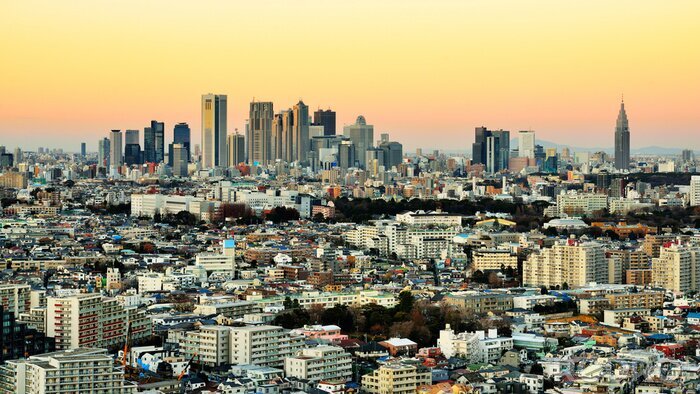 Poster Skyline van de metropool bij schemering