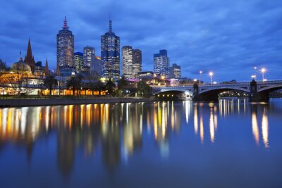 Poster Skyline van Melbourne, Australië over de Yarra River in de nacht