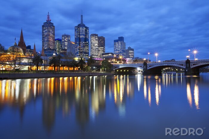 Poster Skyline van Melbourne, Australië over de Yarra River in de nacht