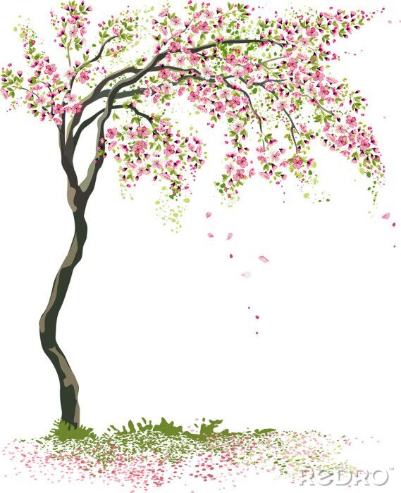Poster Slanke boom met roze blaadjes