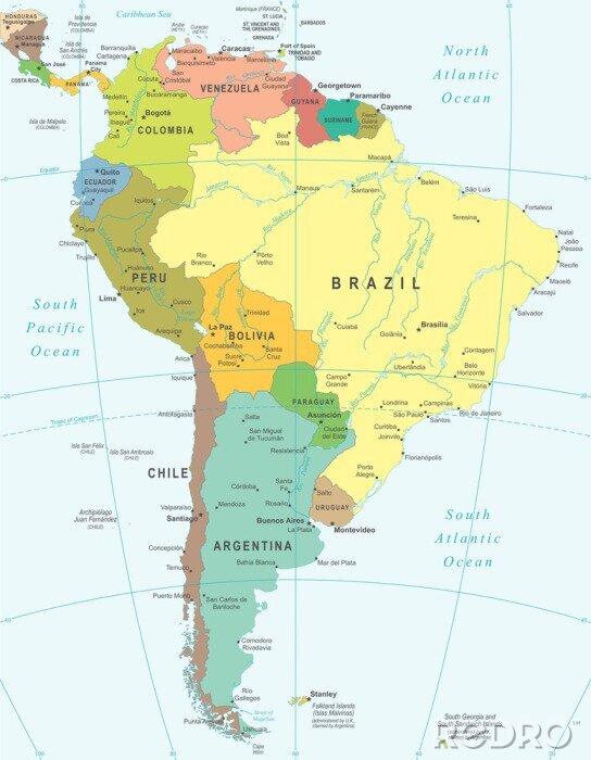 Poster South America map - highly detailed vector illustration.