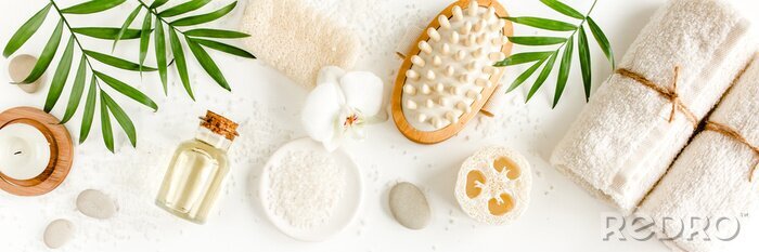 Poster Spa Background. Natural/Organic spa cosmetics products, eco friendly bathroom accessories, eucalyptus leaves. Skincare concept on white background. Flat lay, top view