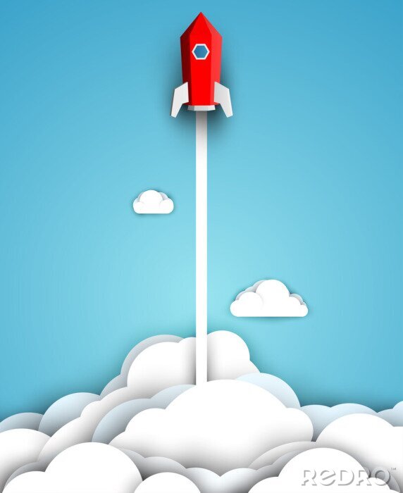 Poster Space red rocket fly up in blue sky with cloud. Science concept inspiration. Paper art cartoon 3d realistic trendy craft style. Modern origami design template. Funny cute vector illustration.
