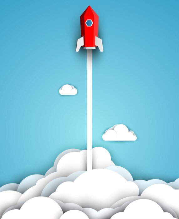 Poster Space red rocket fly up in blue sky with cloud. Science concept inspiration. Paper art cartoon 3d realistic trendy craft style. Modern origami design template. Funny cute vector illustration.