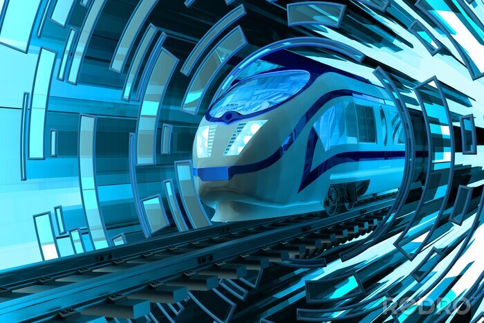 Poster Spoor concept, snelle beweging van moderne trein met hoge snelheid passagier op spoor op abstracte blauwe cirkel achtergrond
