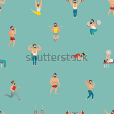 Poster Sport en gym vector patroon. Hand tekenen achtergrond met gespierde, bebaarde mans illustratie. Cartoon naadloze achtergrond. Behang met fitnessmodellen, poseren, bodybuilding