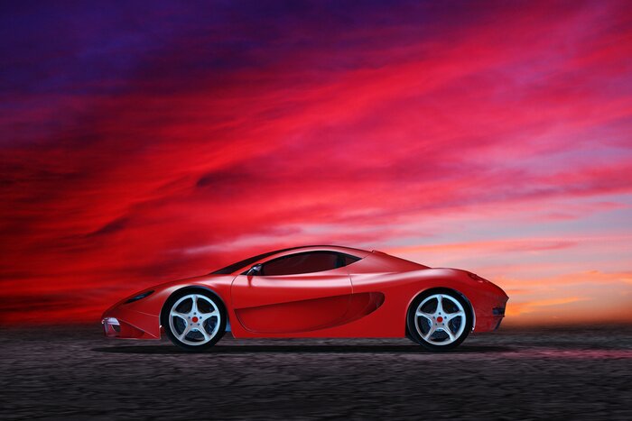 Poster Sportwagen tegen een schilderachtige oever van de wolken