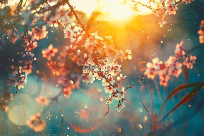Poster Spring blossom background. Nature scene with blooming tree and sun flare. Spring flowers. Beautiful orchard
